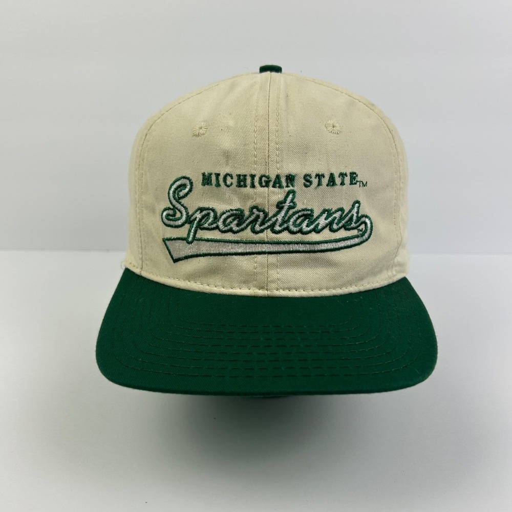 Vintage 90s Michigan State Spartans Hat Cap Snap Back Adjustable White MSU Adult